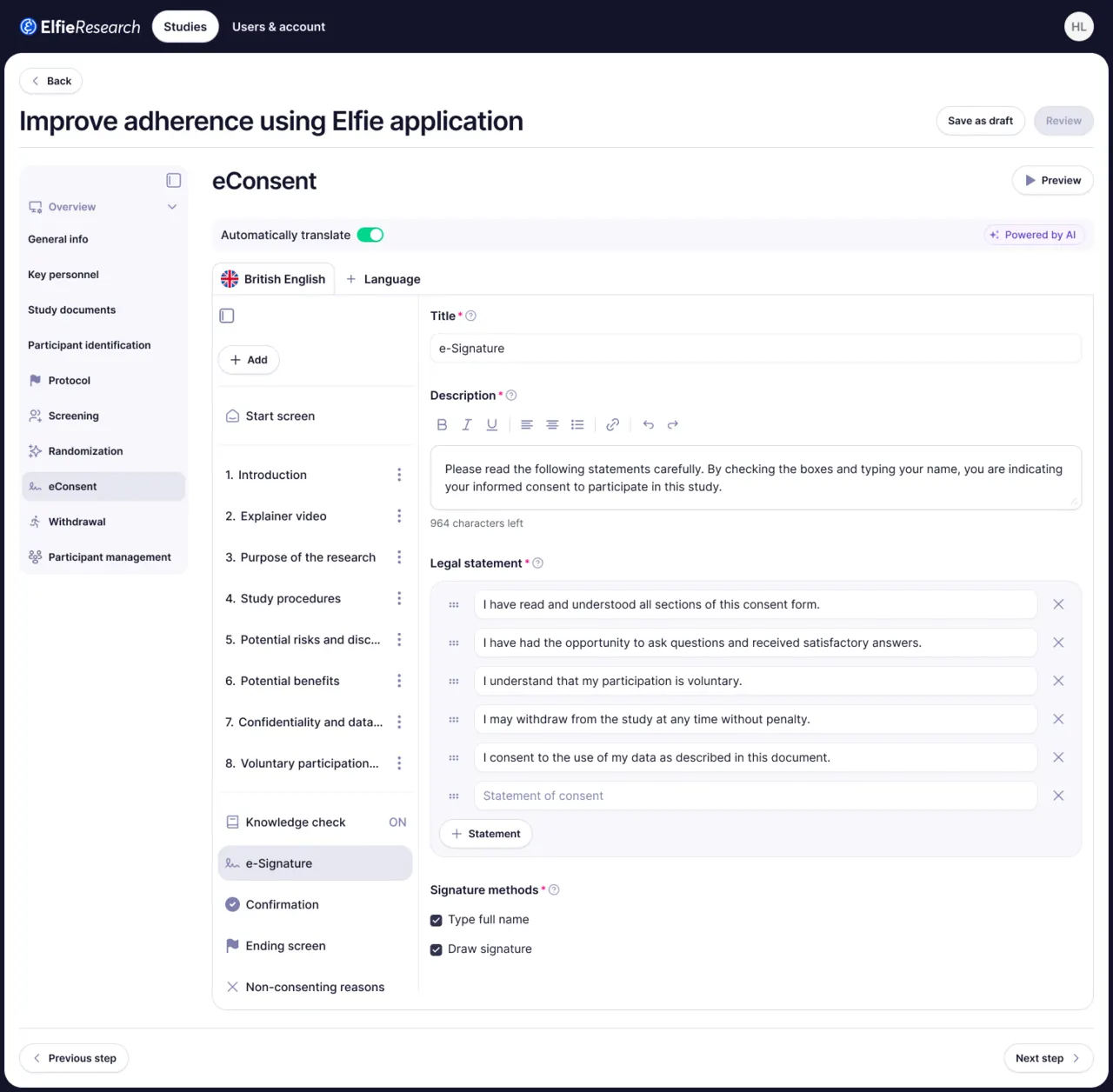eConsent module in the builder's edit mode, with legal statements as reorderable rows and a placed signature block