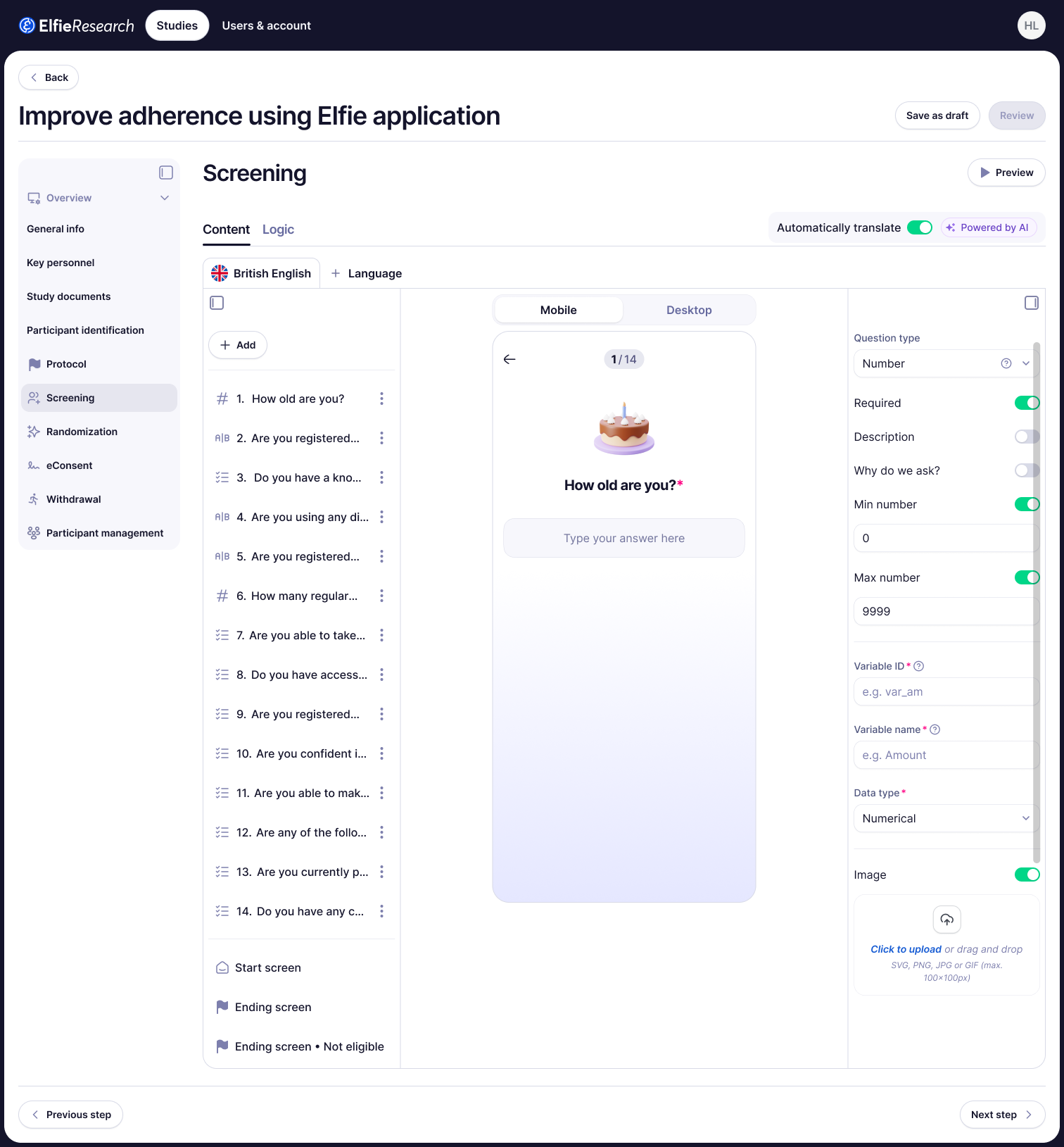 Create study — screening step with the add-language dialog open