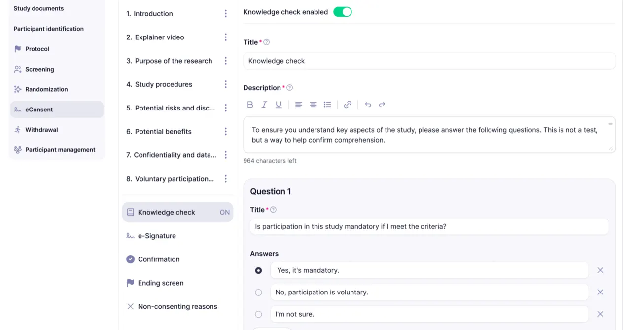 eConsent flow in edit mode, segmented into steps with a refusal route