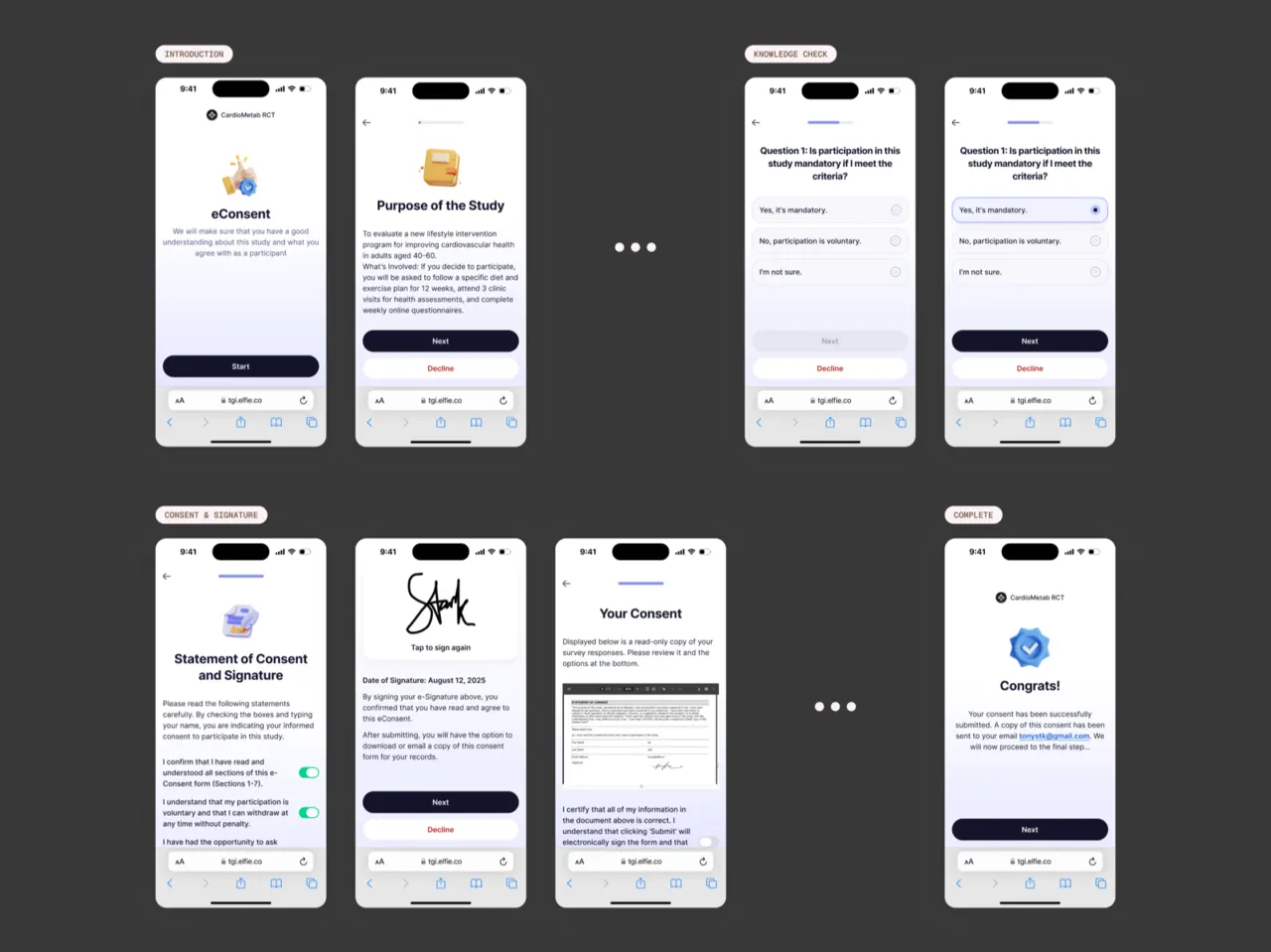 Participant eConsent flow on mobile, one idea per screen with comprehension checks before the signature