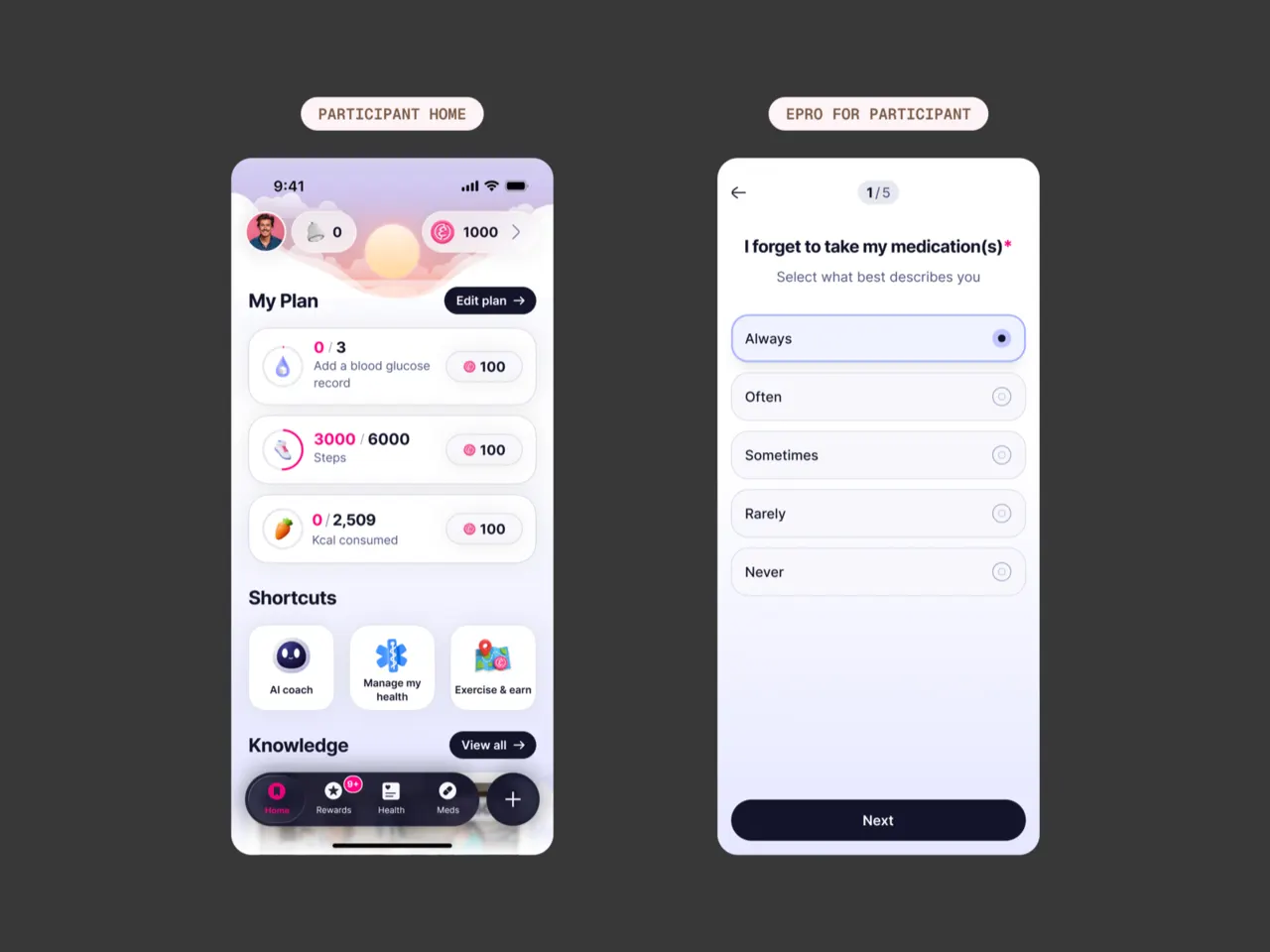 Participant app home screen beside an ePRO question