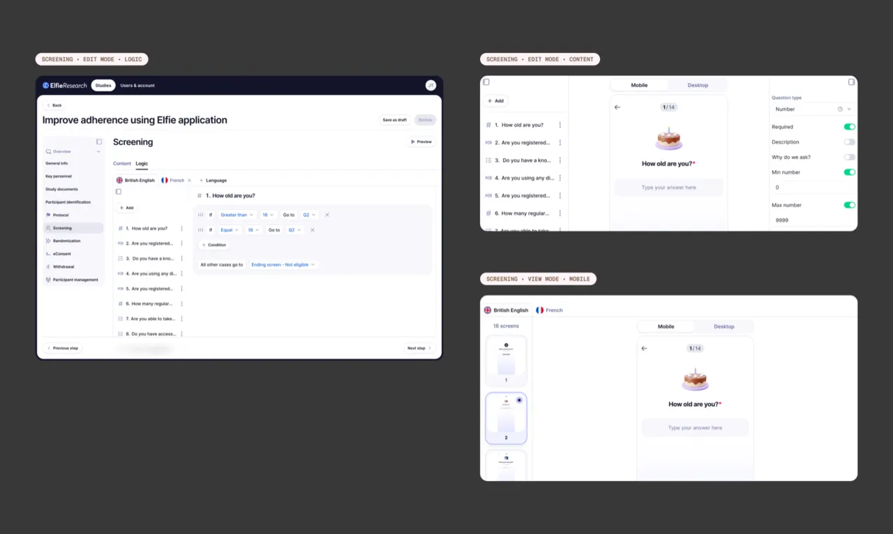 Screening builder with per-answer branching rules beside live mobile and desktop previews