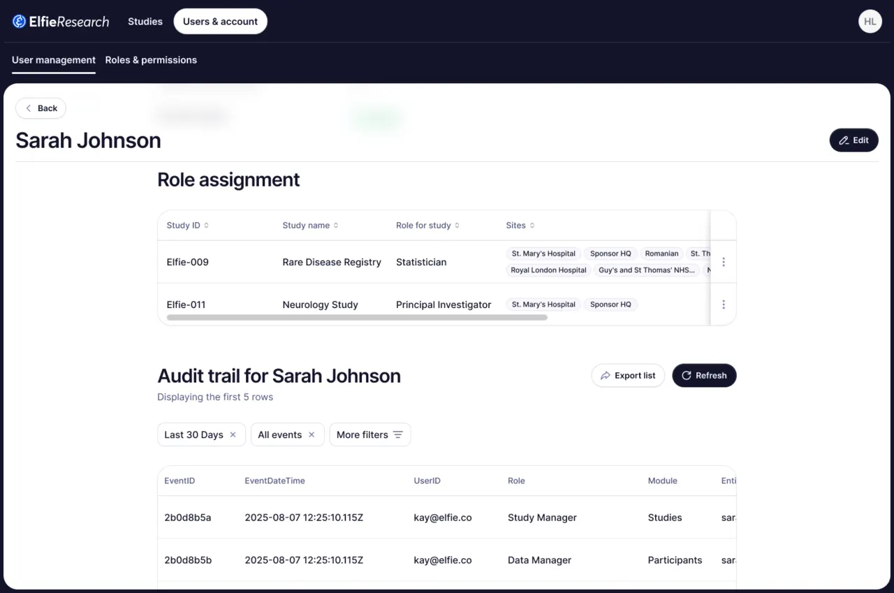 Record header showing last saved, by whom and at what time