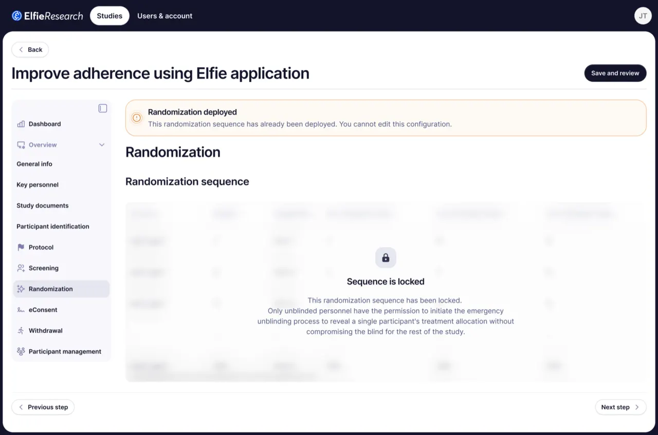 Randomisation settings locked after deployment, with an emergency-unblinding action