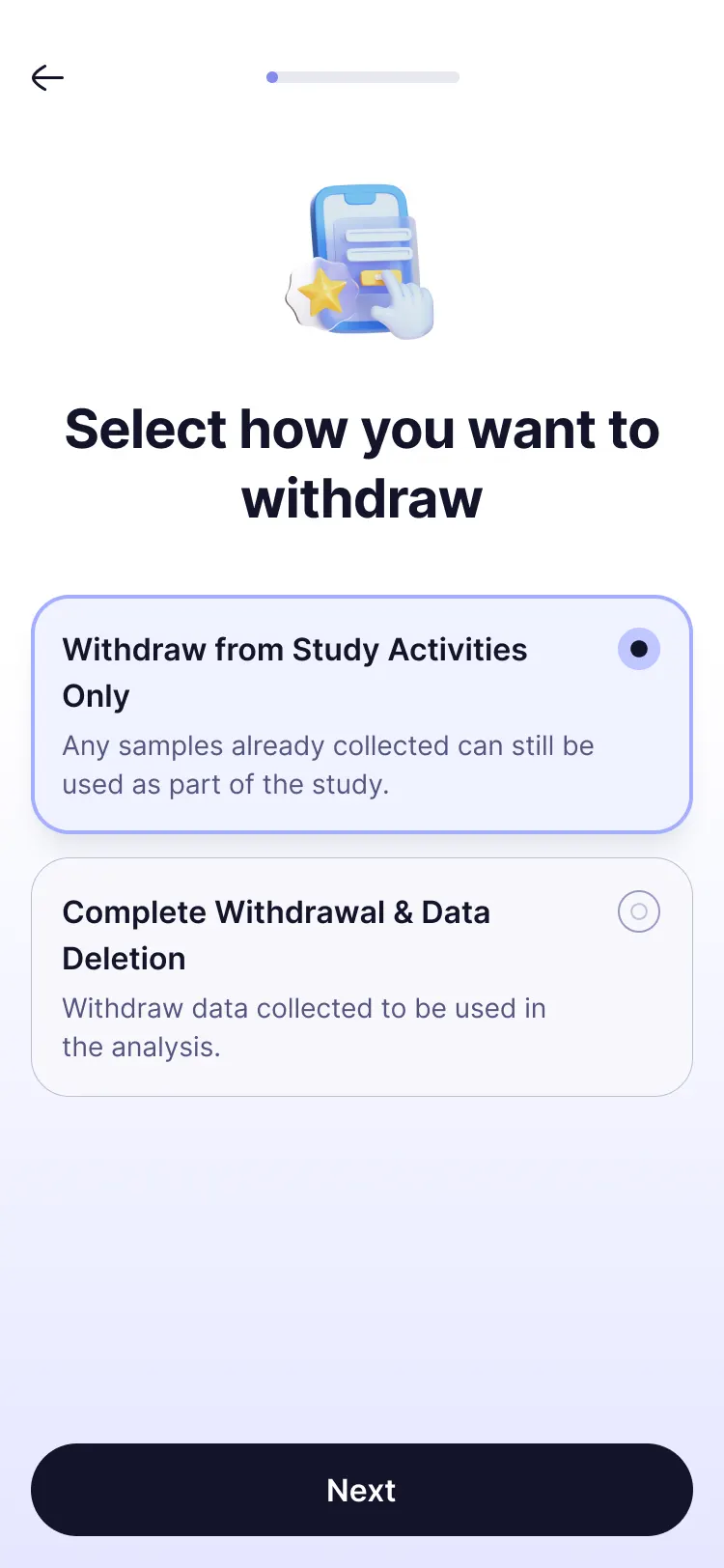 Participant-app withdrawal screen
