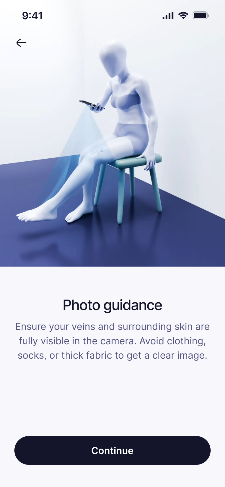 Photo guidance screen — how to frame the leg before a scan